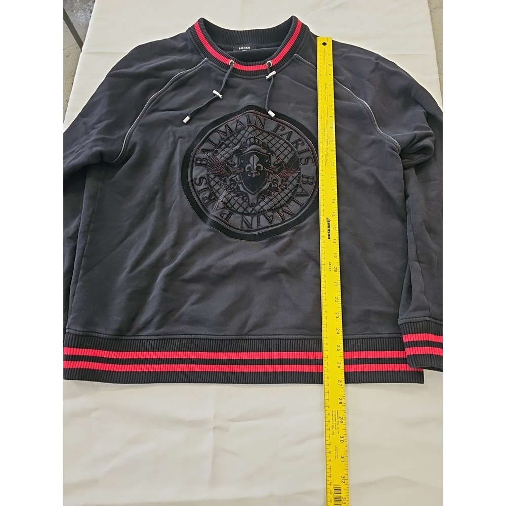 Balmain Men's Sweatshirt Red And Black Crew Velvet Design Center Size XXL